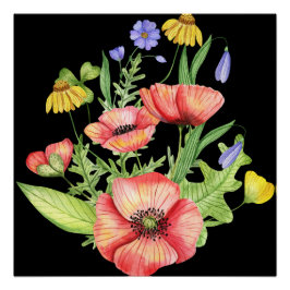 "Lebhafte Aquarellfarben-Wildblumen auf schwarzer  Poster