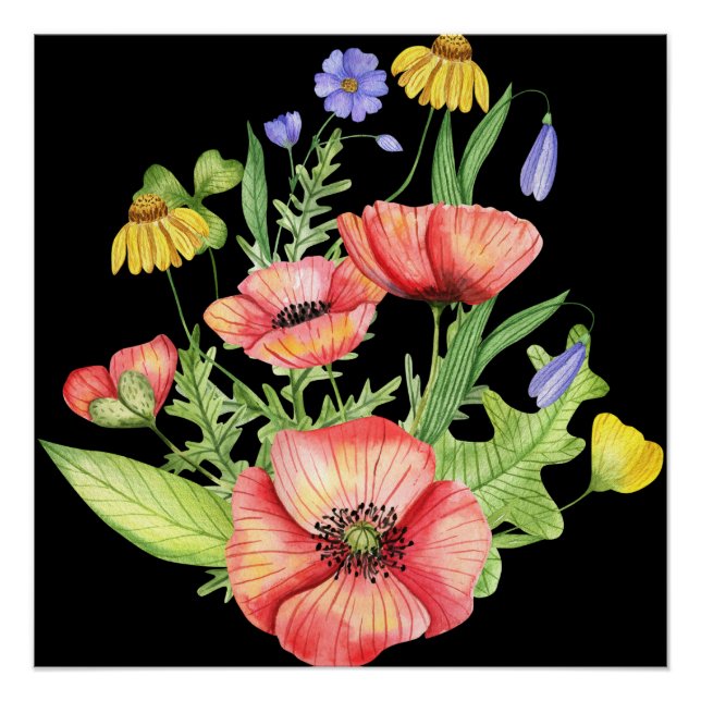"Lebhafte Aquarellfarben-Wildblumen auf schwarzer  Poster (Vorderseite)