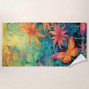 Lebhafte Batik Wasserfarbenflora mit Schmetterling Strandtuch