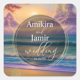 Lebhafte Beach Background Imitate Glitzer Hochzeit Quadratischer Aufkleber