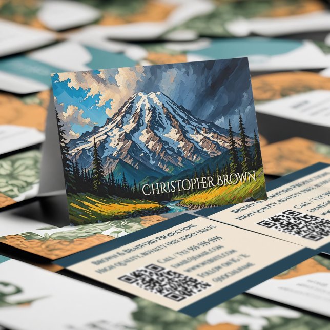 Lebhafte Berg Rainier Landschaft Wolken Bäume QR Visitenkarte (Mount Rainier business cards, beautiful Pacific Northwest mountain landscape of Washington state.)