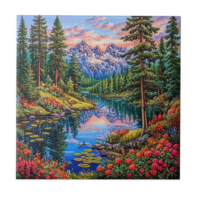 Lebhafte Berglandschaft mit Reflektion Fliese (Vorderseite)