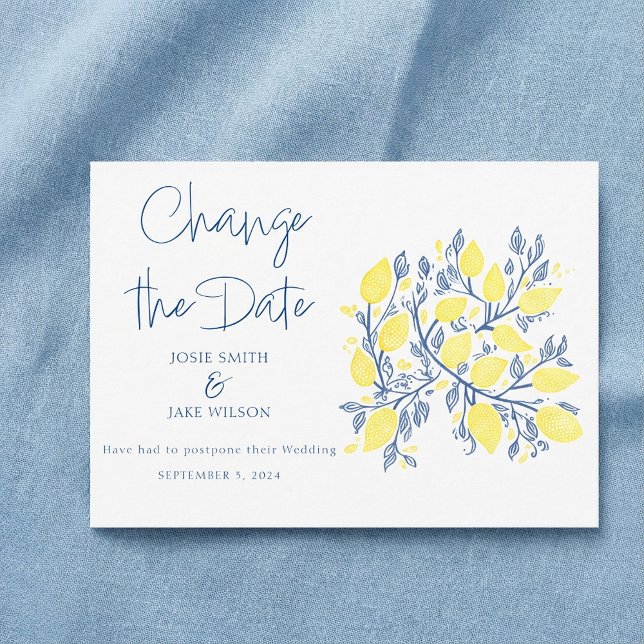 Lebhafte, blaugelbe Lemonreben ändern das Datum Save The Date (Vibrant blue yellow Lemon vines change the date Save The Date.)