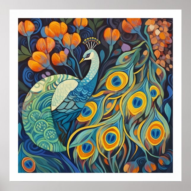 Lebhafte Blauwasserfarbe Peacock Poster (Vorne)