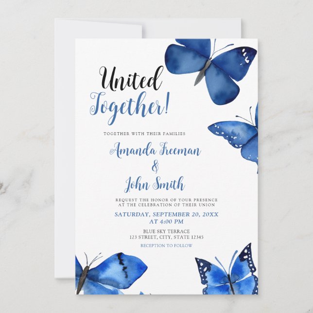 Lebhafte Blue Butterflies Chic Wedding Einladung (Vorderseite)