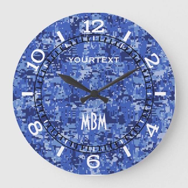 Lebhafte Blue Digital Camouflage Camouflage Dial a Große Wanduhr (Vorderseite)
