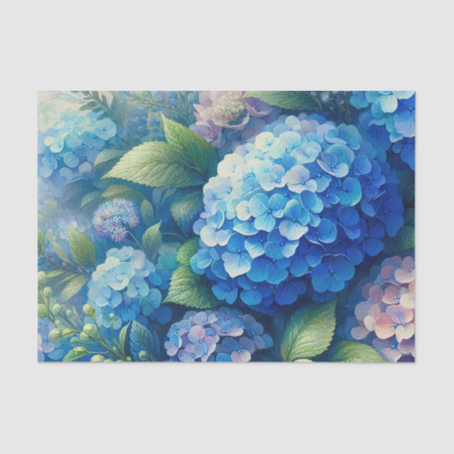 Lebhafte Blue Hydrangea und Blätter Dekoupage Seidenpapier (Vorderseite)