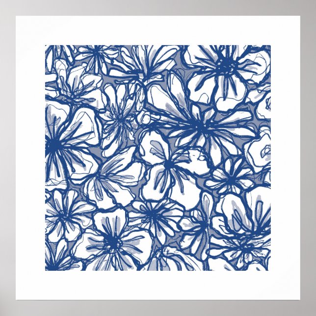 Lebhafte Blume in Blau und Weiß Poster (Vorne)