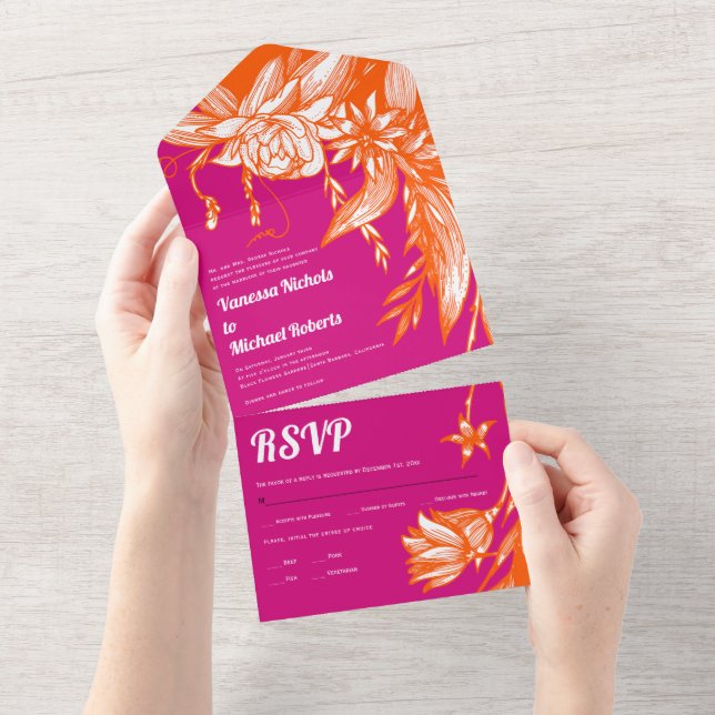 Lebhafte Blume in Orange und Rosa Linie Hochzeit All In One Einladung (Abreißen)