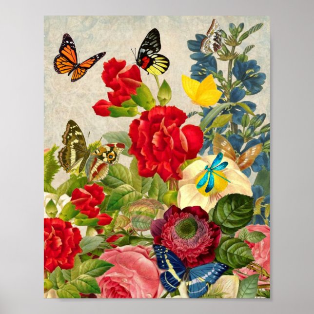 Lebhafte Blume und Schmetterlinge im Vintagen Gart Poster (Vorne)