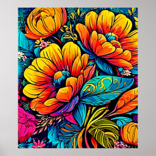 Lebhafte Blumenfantasie in kühlen Farben Poster