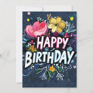 Lebhafte Blumengraffiti am dunklen Blauen Geburtst Einladung