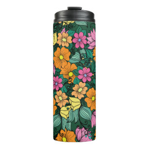 Lebhafte Blüte: Grüner Hintergrund Vintag. Thermosbecher