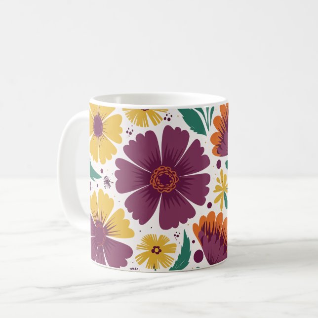 Lebhafte Blüte mit Lila und gelben Blüten Kaffeetasse (Vorderseite Links)