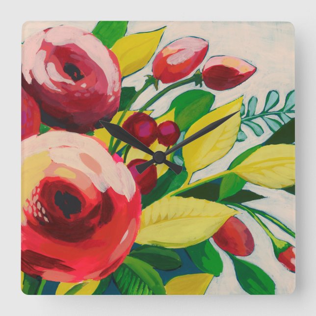 Lebhafte Blüten Quadratische Wanduhr (Vorderseite)