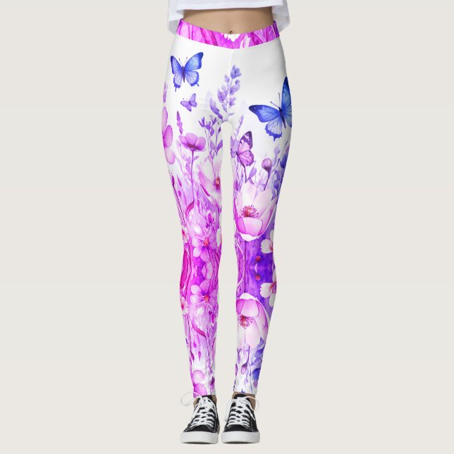 Lebhafte Blüten und Schmetterlinge hell rosa Lila Leggings (Vorderseite)