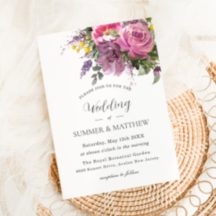 Lebhafte Boho Magenta Pink Lila Blumenhochzeit Einladung