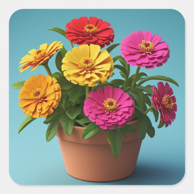 Lebhafte botanische Blumenpracht, Zinnia Blume Quadratischer Aufkleber (Vorderseite)