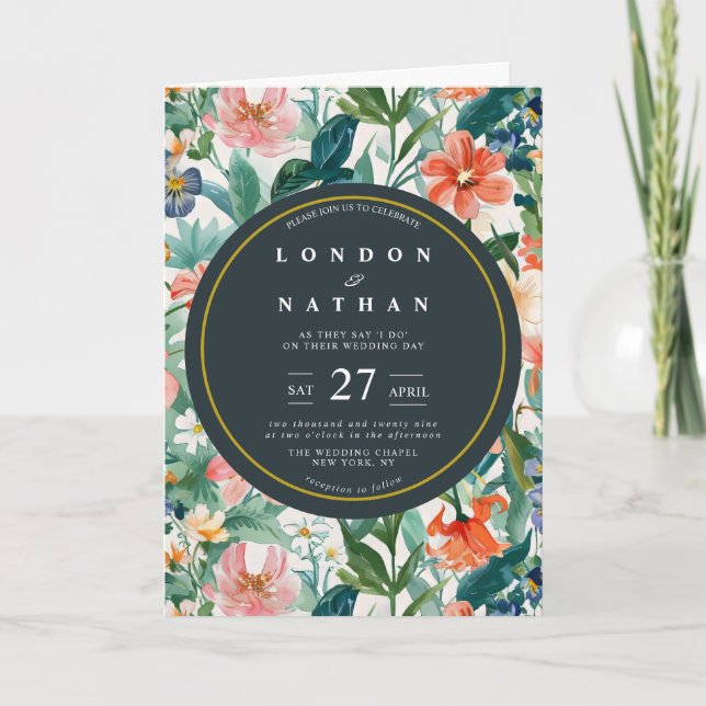 Lebhafte Botanische Blütenblütenhochzeit Einladung (Vorderseite)