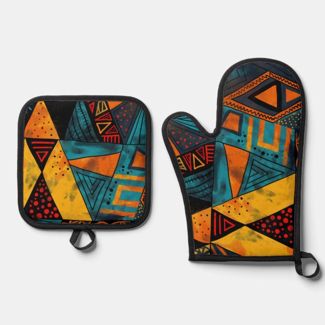 Lebhafte, bunte Dreiecke mit Stammesmustern Ofenhandschuh & Topflappen-Set (Vorderseite)