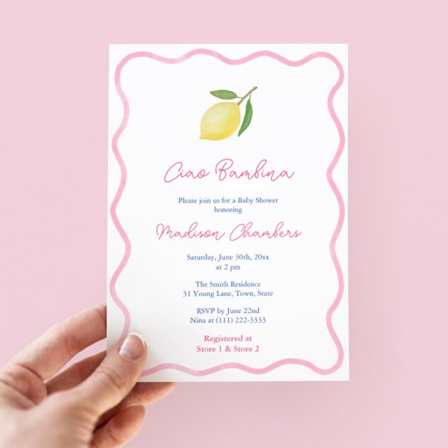 Lebhafte Ciao Bambina Pink Citrus Girl Baby Dusche Einladung (Ciao Bambina! Modern Wavy Border Citrus Lemon Baby Shower Invitation with pink accents. )