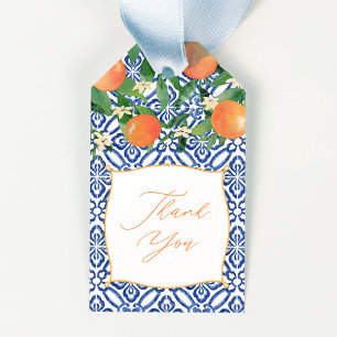 Lebhafte Citrus Orange Classic Blue Tiles Wedding Geschenkanhänger