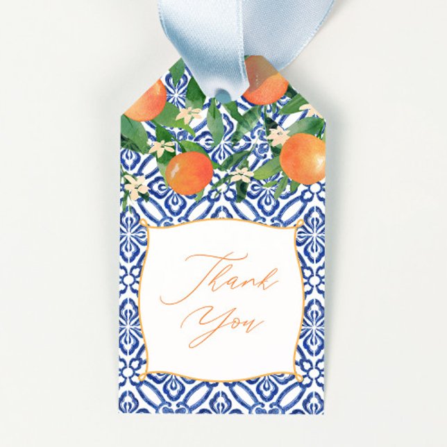 Lebhafte Citrus Orange Classic Blue Tiles Wedding Geschenkanhänger (Positano oranges blue and white tiles wedding shower favor tags)