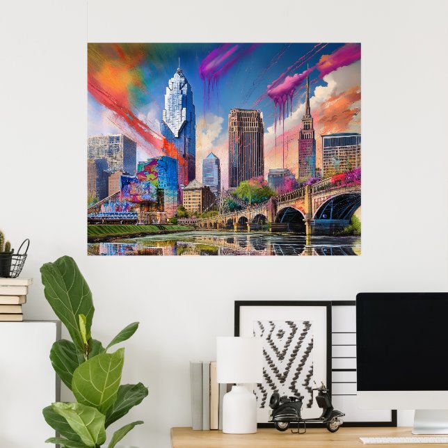 Lebhafte Cleveland Ohio Skyline Abstrakte Kunst Poster (Heimbüro)