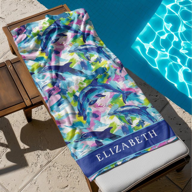 Lebhafte Dolphins Blue Waves Personalisiert Strandtuch (custom dolphin beach towel featuring bright impressionist painting of playful dolphins!)