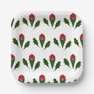 Lebhafte Elegante Rote Rosen und grünes Holly-Must Pappteller