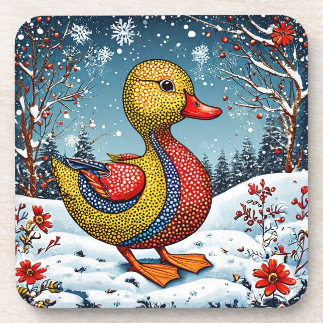 Lebhafte Ente in Snowy Woodland Getränkeuntersetzer (Vorderseite)