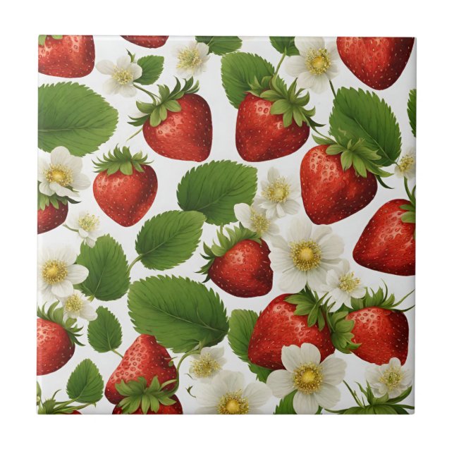 Lebhafte Erdbeeren, Blätter und Blume Fliese (Vorderseite)