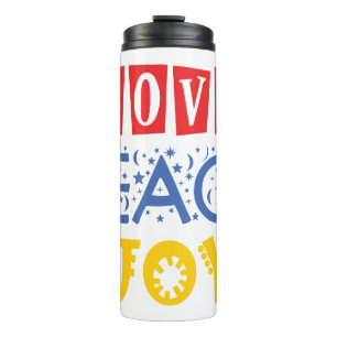 Lebhafte Farben und Worte: Liebe Frieden Freude Thermosbecher