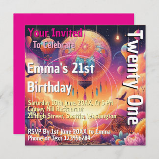 Lebhafte farbenfrohe Ballon zum 21. Einladung