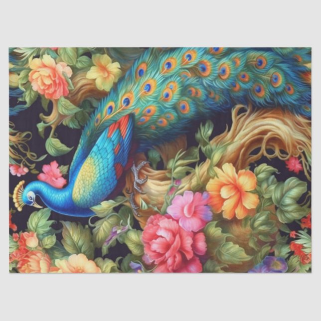 Lebhafte farbenfrohe Blumenpfauendekoupage Seidenpapier (Vorderseite)