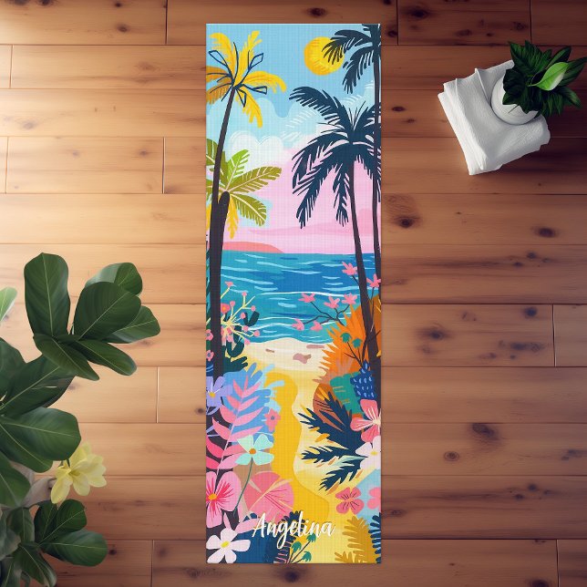 Lebhafte farbenfrohe Illustration des tropischen S Yogamatte (Vibrant Colorful Illustration of Tropical Beach Yoga Mat)
