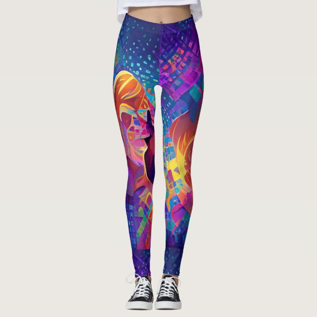 Lebhafte, farbenfrohe, lila-gelbe Fuchsie Leggings (Vorderseite)