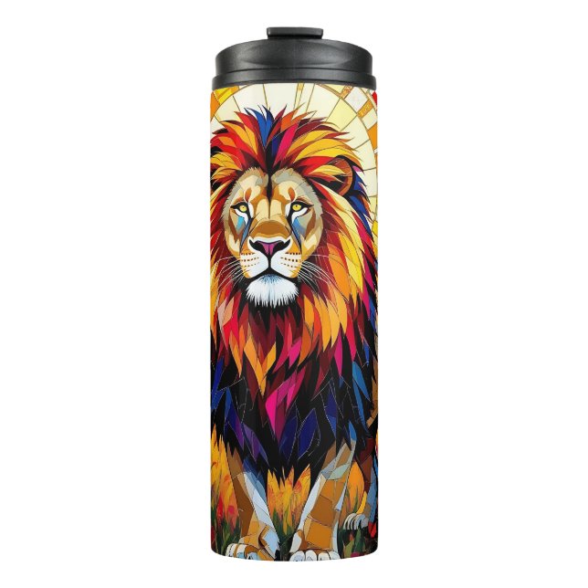 Lebhafte farbenfrohe Lion Mosaik Thermosbecher (Vorderseite)