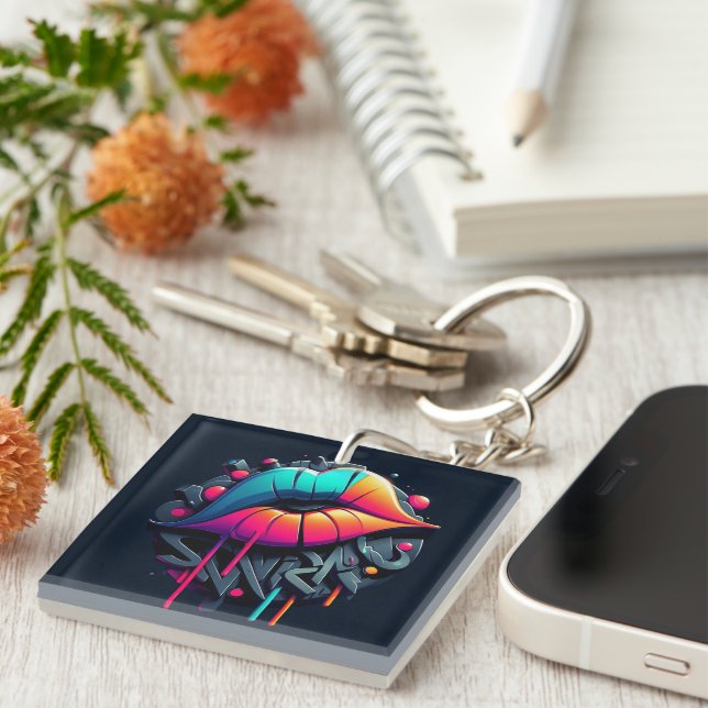 Lebhafte, farbenfrohe Lippen im Graffiti-Stil Schlüsselanhänger (Vorderseite rechts)