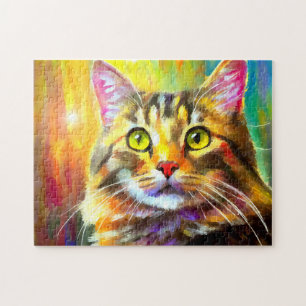 Lebhafte, farbenfrohe, orange graue Tabby Katzenma Puzzle