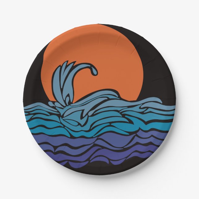 Lebhafte, farbenfrohe Ozeanwellen und Sonnenunterg Pappteller (Vorderseite)