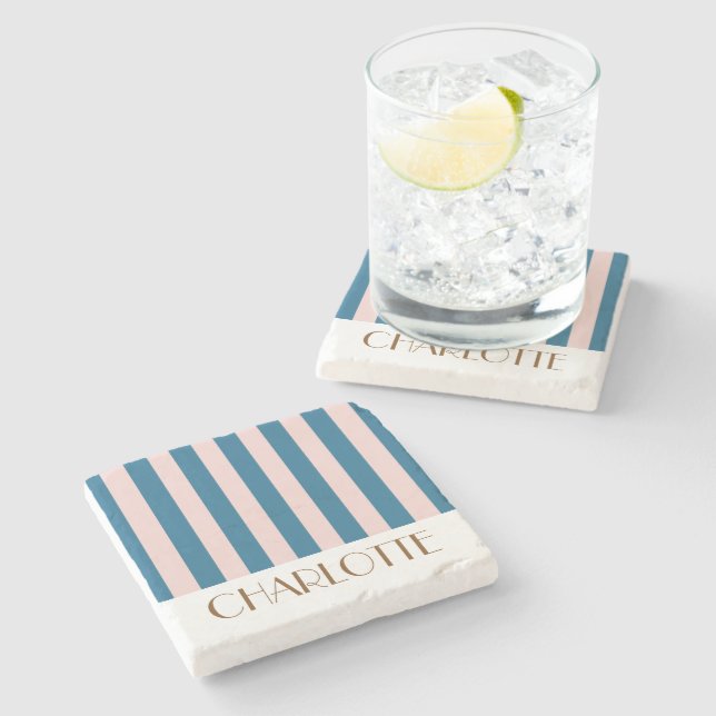 Lebhafte farbenfrohe Streifen Schöne blaue Hochzei Steinuntersetzer (Seitenansicht)