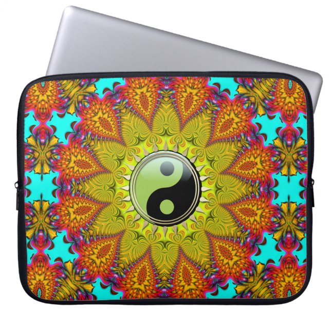 Lebhafte farbenfrohe Tribal Yin Yang Sonnenblume M Laptopschutzhülle (Vorderseite)