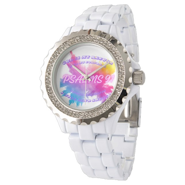 Lebhafte Farbspritzen Psalm 91 Armbanduhr (Schrägansicht)