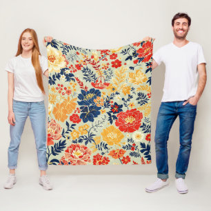 Lebhafte Flora rot, gelb und blau auf weiß Fleecedecke