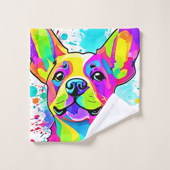 Lebhafte Frenchie Bulldog Puppy Art Badhandtuch Set (Waschlappen)