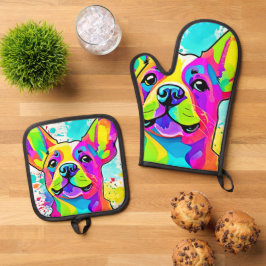 Lebhafte Frenchie Bulldog Puppy Art Ofenhandschuh & Topflappen-Set