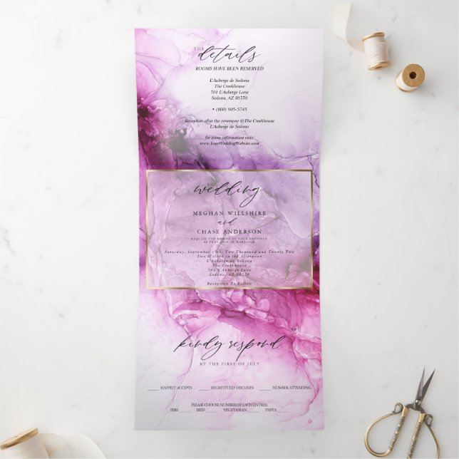 Lebhafte Fuchsia Abstrakt Ink Wedding Dreifach Gefaltete Einladung (Innenseite)