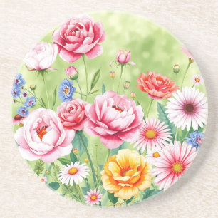 Lebhafte Gartenwasserfarbe mit Rose Peonies Getränkeuntersetzer