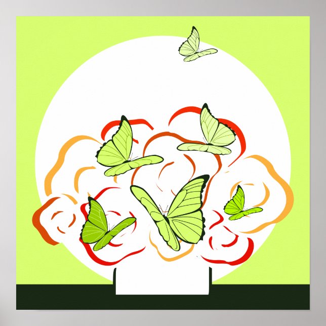 Lebhafte, gelb-grüne Schmetterlinge & Orange Bouqu Poster (Vorne)